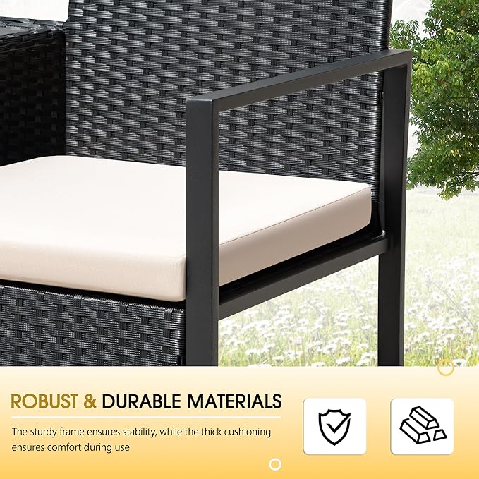Devoko Patio Conversation Sets Outdoor Loveseat with Built-in Table & Cushions Wicker Patio Furniture Porch Chairs Bench for Lawn, Backyard, Balcony (Beige)
