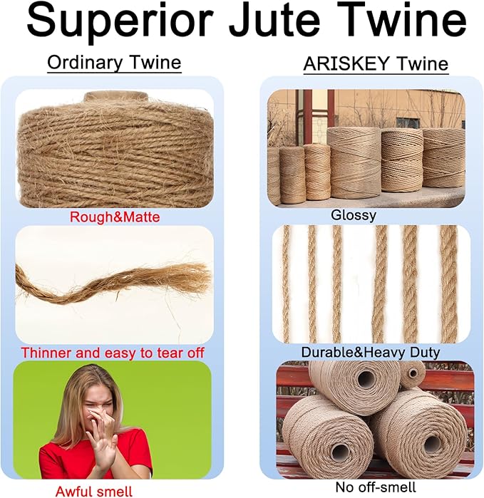 ARISKEY Natural Jute Twine 3mm,1313ft Garden String Long Cord Suitable for Crafting and Weaving Projects,Gardening Purposes and Outdoor Heavy-Duty Use