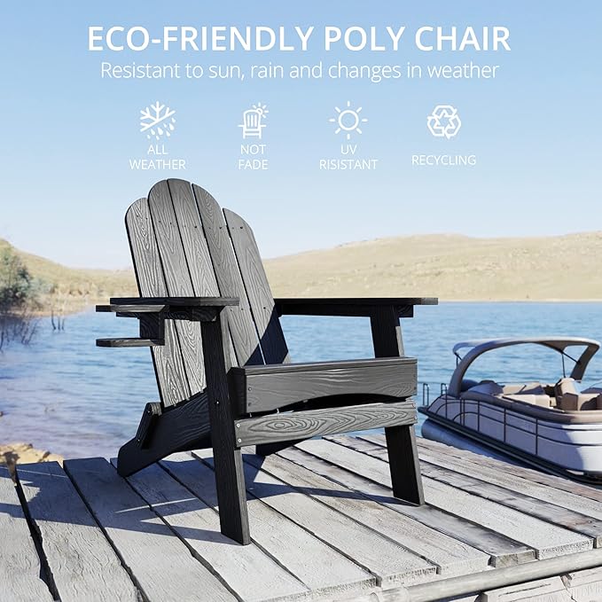 LUE BONA Folding Adirondack Chair 3 Piece Set, Black HDPS Outdoor Chair with Side Table & Cup Holder for Fire Pit Porch Seating