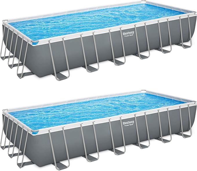 Bestway 2 Pack Power Steel 24' x 12' x 52" Rectangular Metal Frame Above Ground Swimming Pool Set with 1500 GPH Sand Filter Pump, Ladder & Pool Cover