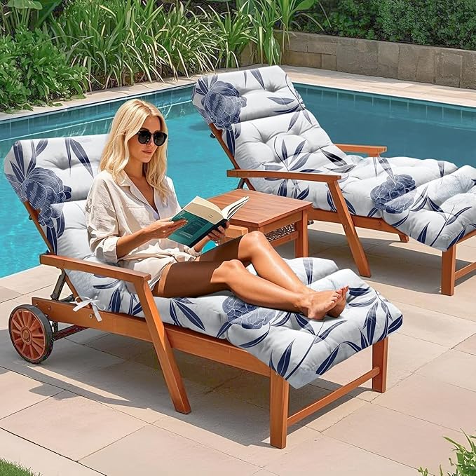 4 Pack Outdoor Chaise Lounge Chair Cushion 75.1 x 22.8 x 4.7 Inches 100% Waterproof Replacement Cotton Patio Pool Lounge Chair Cushion for Outdoor Furniture with Ties, Blue Enchantress