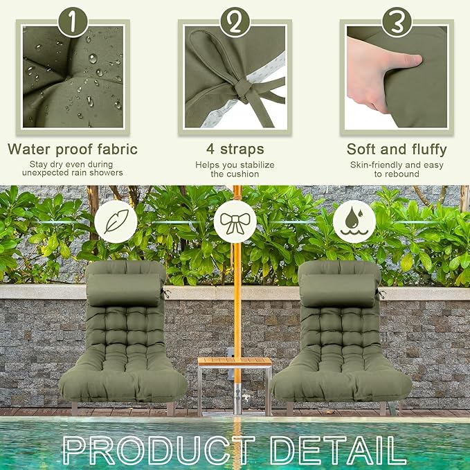 Tudomro 2 Pcs Olive Green 66'' Outdoor Chaise Lounge Cushion Waterproof Patio Lawn Pool Chaise Lounge Cushion with Headrest Pillow & Ties Weather Fade Resistant Replacement Longue Chair Pad