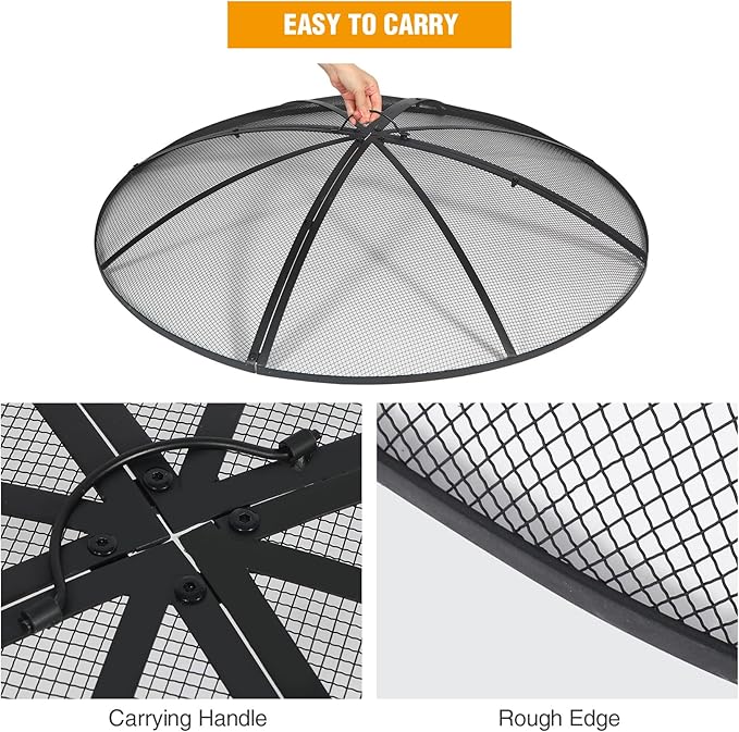Lineslife Fire Pit Spark Screen 40 Inch Cover Round, Heavy Duty Collapsible Outdoor Fire Pit Mesh Screen, Metal Fire Pits Top Lid with Ring Handle for Patio Backyard, Black