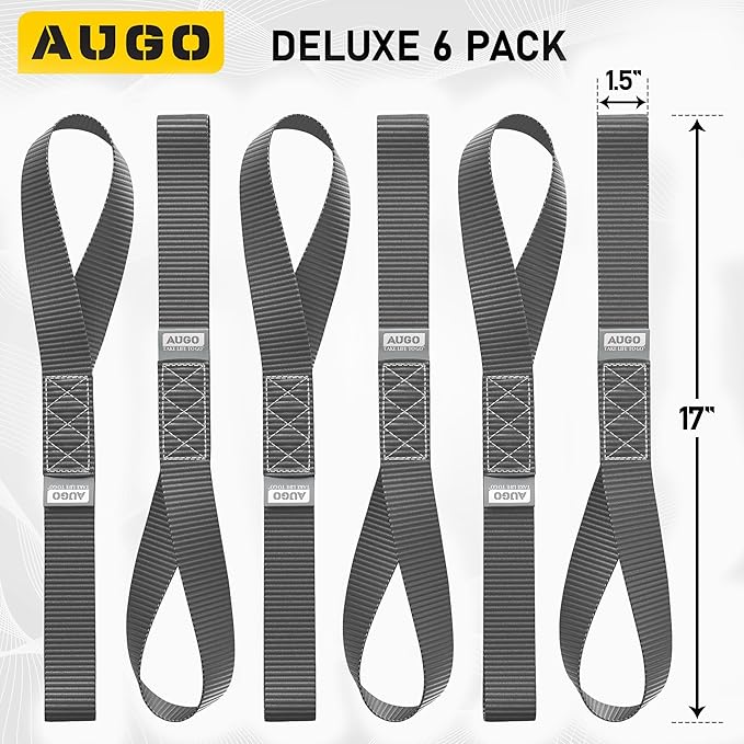 AUGO Heavy Duty Soft Loops –Pack of 6-1.5” x 17” Tie Down Anchor Straps for Use w/Ratchet Strap Hooks – 3000Lb Load Capacity & 10,000Lb Break Strength – Great for Motorcycle, Bike, Roof Rack, Etc.