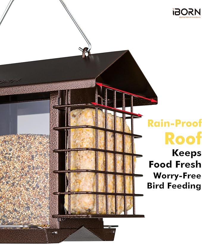 iBorn Bird Feeders for Outdoors,Bird Feeder with Double Suet Holders,Suet Feeder for Outside,Weatherproof Metal Roof,Easy to Refill&Clean,3.2 LBs Seed Capacity+2X Cake,1 Pack,Coffee Roof & Coffee Grid