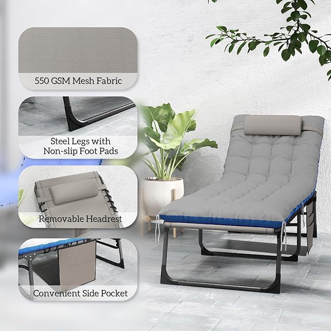 Outsunny Chaise Lounge Chair Outdoor Set of 2, 5-Position Adjustable Outdoor Pool Lounge Chairs, Folding Tanning Chair Beach Lounger with Cushion, Headrest, Side Pocket for Patio, Yard, Brown/Blue