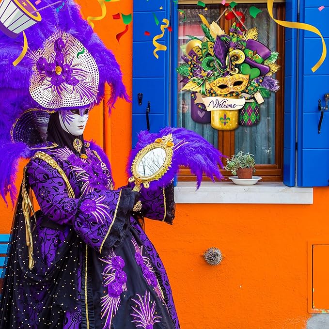 Boao Welcome Mardi Gras Door Decorations Mardi Gras Sign Hanging Decoration wall Hanger Masquerade Carnival Wreath for Outdoor Farmhouse Porch Front Door Decor