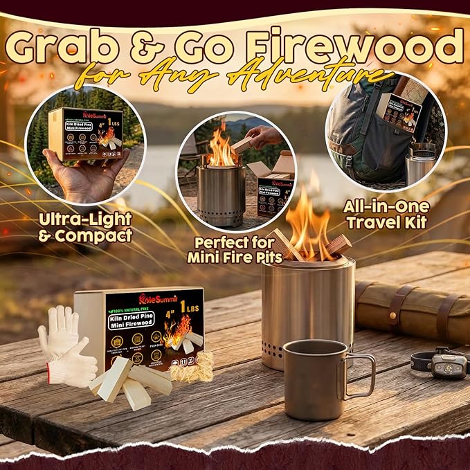 Mini Fire Stick with Fire Starters Gloves 4" Kiln Dried Pine Fire Pit Accessories Firewood Compatible with Wood Stoves, Tabletop Fire Pits, BBQ Grills & Pizza Ovens, 1 lb Box