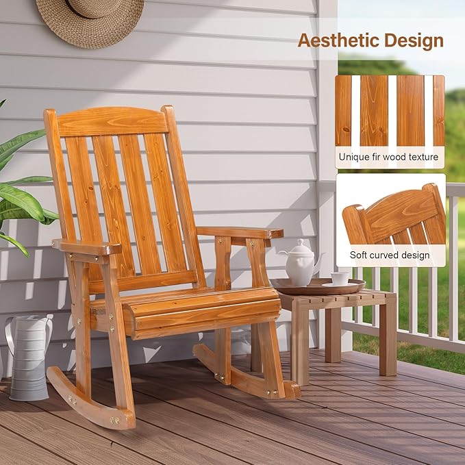 VINGLI Outdoor Rocking Chair, Heavy Duty 600 LBS Wooden Rocking Bench with Comfortable Backrest, Weatherproof Patio Rocker with Ergonomic Design, Wood Rocking Chair for Patio, Garden (Teak, 1PC)