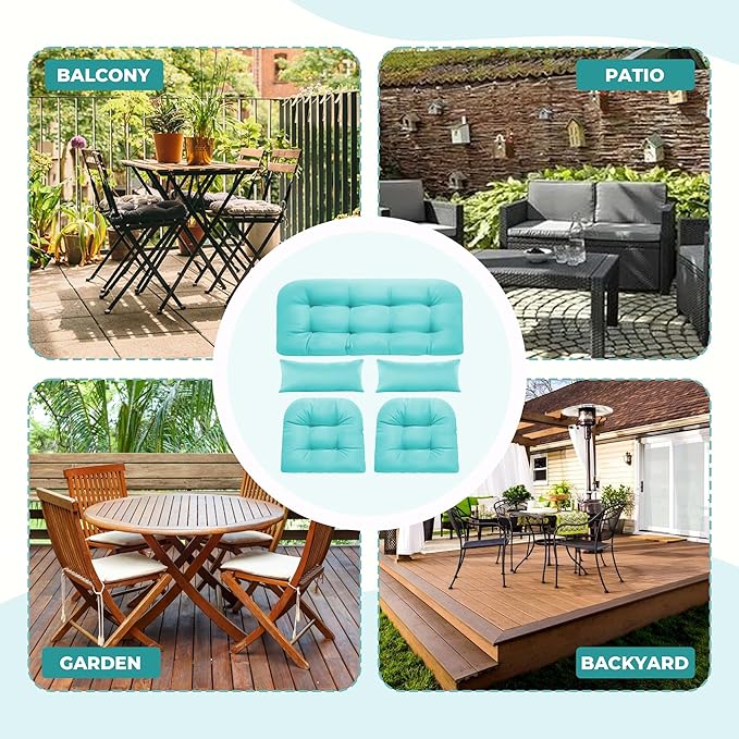 Wicker Chair Cushions of 5 Pieces, Waterproof Outdoor Loveseat Cushion for Wicker Furniture, 1 Love Seat Cushion, 2 U-Shape and 2 Lumbar Pillows for Patio Furniture (Teal)
