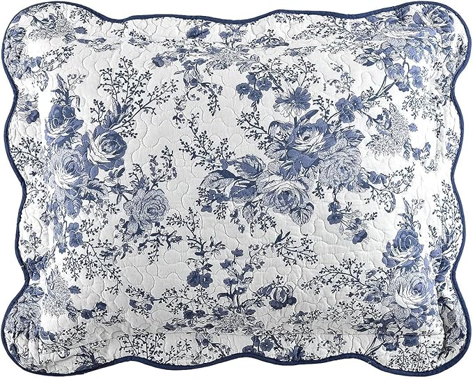 Wonderful 100% Cotton Blue Floral Quilt Set King Size Bedding Sets with Pillow Shams and Bed Skirt, 4 Pieces Floral Bedspread Coverlet, Quilted Blanket Bed Cover for All Season, 104"x90"