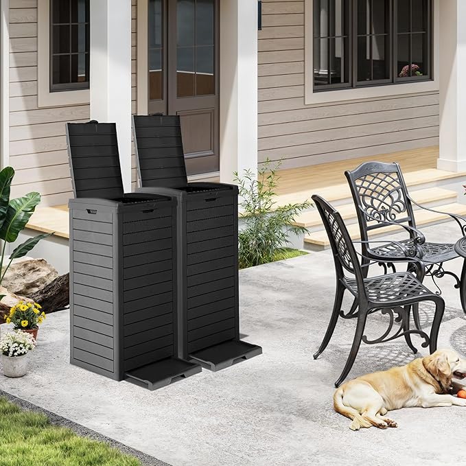DWVO 38 Gallon Outdoor Trash Can with Lid & Drip Tray, Waterproof Hideaway Garbage Bin, Waste Container for Patio, Backyard, Deck, Garden, Easy Assembly & Clean (Black)