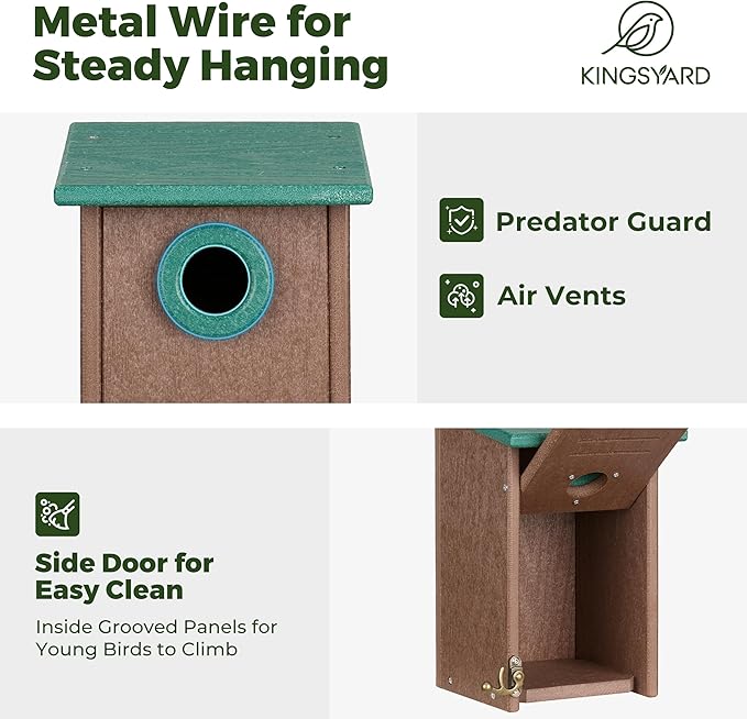 Kingsyard Recycled Plastic Bird House for Outdoors - Weatherproof Wren Bird Nesting with Predator Guard & Air Vents, Green