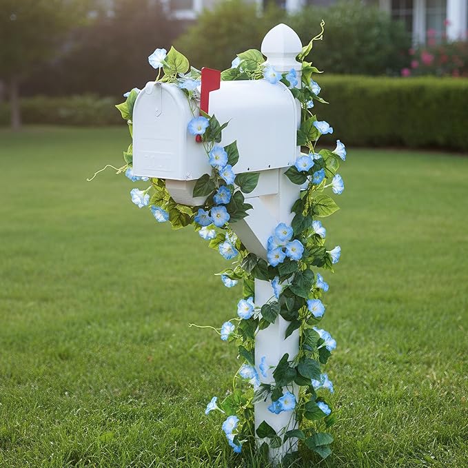 GTIDEA 4Pcs Fake Vines 30Feet Artificial Hanging Morning Glory Flower Garland Blue Faux Vines for Outdoors for Wall Fence Indoor Wedding Decor