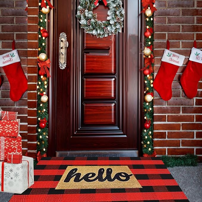 SEEKSEE Cotton Buffalo Plaid Rug 3'x5' Black and Red Checked Rug Washable Doormats Indoor Outdoor Rugs for Layered Front Door Mats, Porch, Kitchen, Farmhouse, Entryway