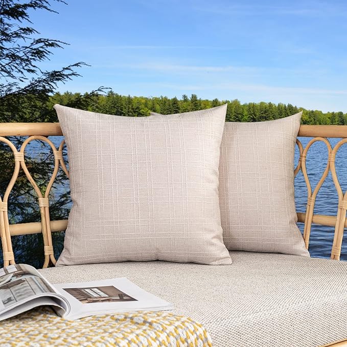 Kevin Textile Pack of 2 Decorative Outdoor Waterproof Checkered Pillow Covers Square Garden Cushion Sham Throw Pillowcase Shell for Patio Tent Couch 24x24 Inch Light Beige
