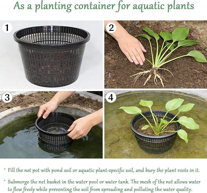 8.5-Inch Round Aquatic Plant Baskets - 6 Pack Durable Black Plastic Mesh Pond Containers for Live Aquarium Plants, Pond Planting & Hydroponic Pots