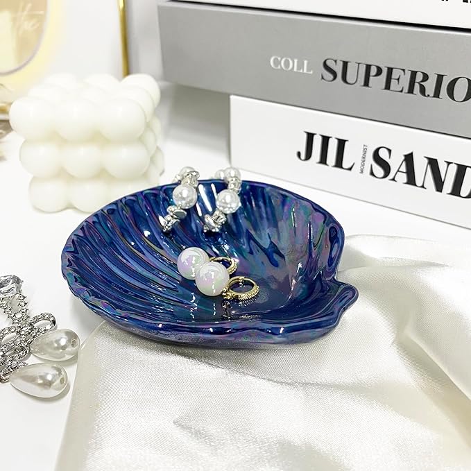 Shell Jewelry Holder Dish, Ceramic Seashell Trinket Dish for Women, Cute Room Decor Jewelry Plates for Earrings Ring, Birthday Mother's Day Christmas Gift for Women 3.9", Indigo Iridescent Surface