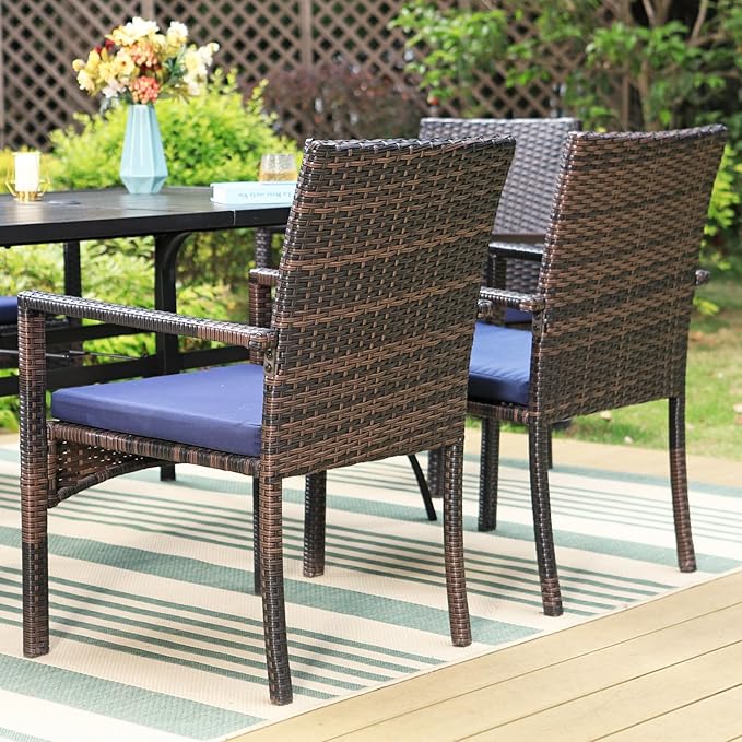 Sophia & William Patio Outdoor Table and Chairs Set with Umbrella Beige, Patio Dining Sets for 6, 7 Pieces Patio Table Set for Backyard Deck Porch Outside, Metal Table with Cushioned Rattan Chairs