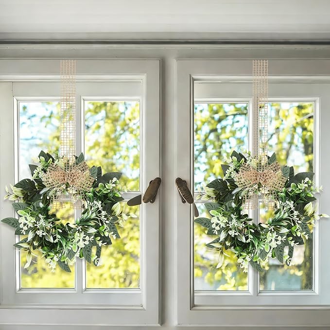 8 PCS Small Eucalyptus Leaves Cabinet Wreath Artificial Mini Spring Summer Greenery Kitchen Wreaths Vintage Swags Wreath with Retro Burlap Ribbon for Farmhouse Rustic Home Door Wedding Wall Decor