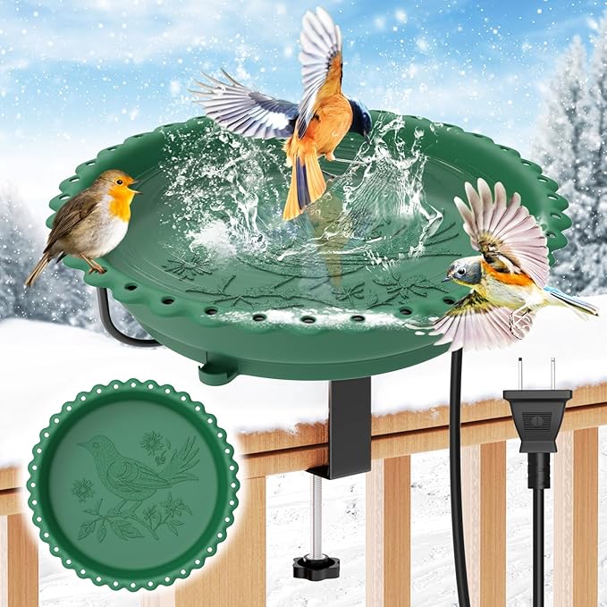 Heated Bird Bath for Outdoors, Upgraded 100W Thermostatically Controlled Heated Bird Baths for Deck Railing Large Capacity Heated Birdbath for Outside Winter Garden Yard Patio Lawn (Green)