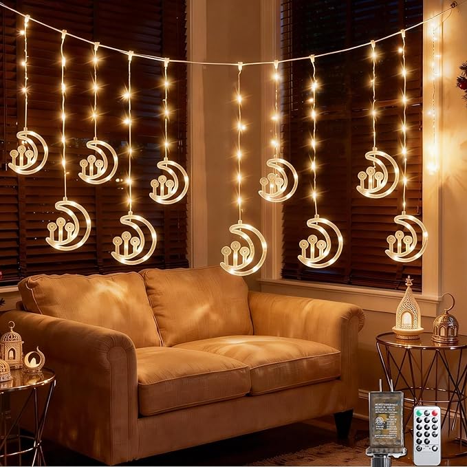 Vigdur Moon Ramadan Curtain Lights, 120 LEDs Warm White Eid Mubark Ramadan Curtain Fairy Lights with Remote & 8 Lighting Modes, Ramadan Decoration Lights for Home Holiday Eid Decorations(10FT)