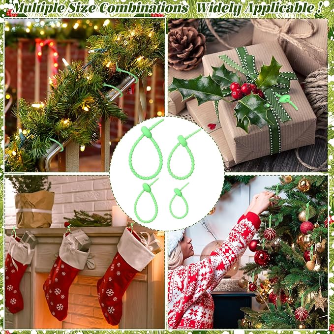 48 Pcs Green Christmas Flexible Garland Ties Assorted Size Adjustable Decorative Soft Ties Reusable Banister Garland Straps for Christmas Tree Mantel Fences Holiday Craft Wrapping