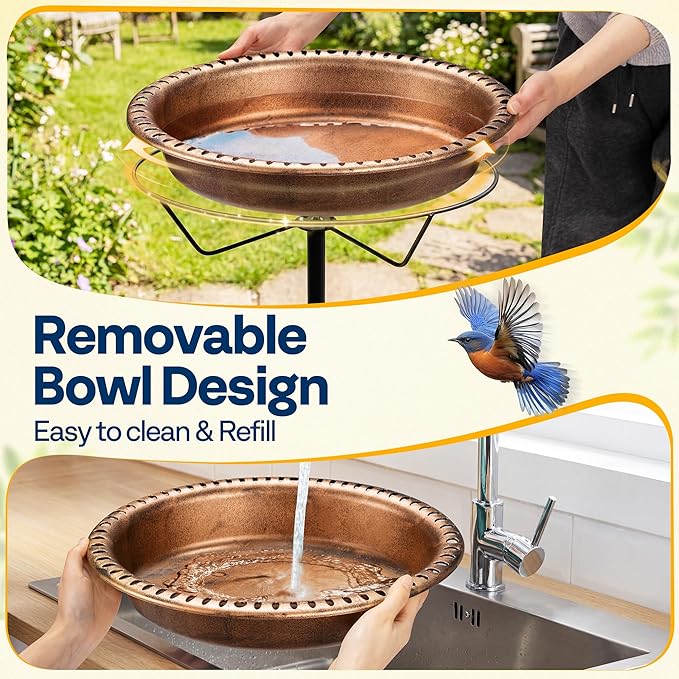 VIVOHOME Oval Bird Bath for Outside, Outdoor Birdbath Bowl with Metal Ground Stake, Weather-Resistant ABS Bird Bath and Feeder for Garden, 1.3 Gallons, Bronze