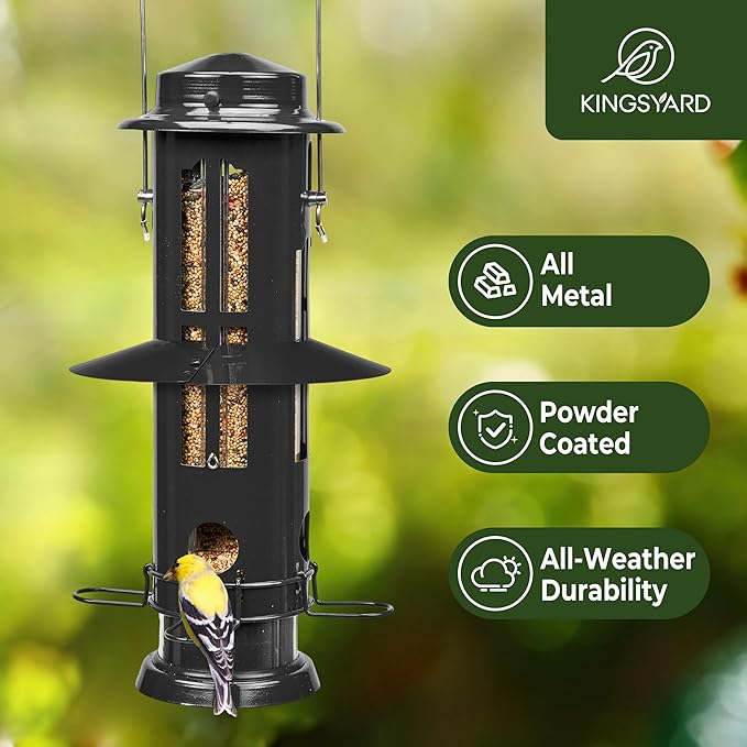 Kingsyard Squirrel Proof Bird Feeder for Outdoors Hanging, Metal Wild Bird Feeders with Removable Base and Baffle, Easy to Clean & Refill, 3 lbs Large Seed Capacity, Black