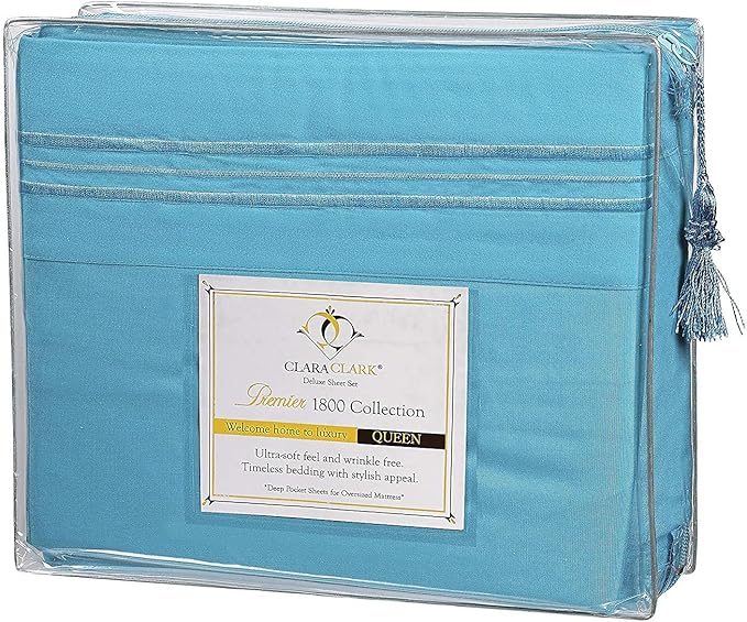 Clara Clark Bed Sheets, Premier 1800 Series 4 Piece Bed Sheet Set, Deep Pocket, Wrinkle, Fade, Stain Resistant, Luxury Soft Bedding Sheets & Pillowcases, Queen, Beach Blue (Pack of 2)