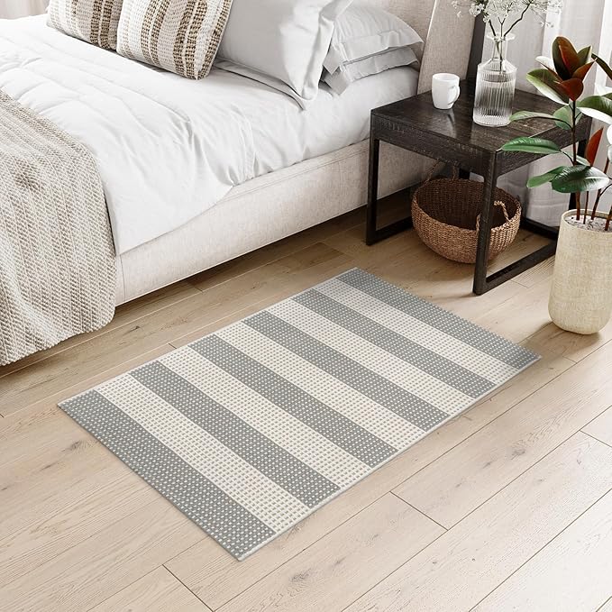 Striped Grey and White Outdoor Rug 2x3,Washable Reversible Front Door Mat Cotton Hand-Woven Porch Rug, Foldable Spring Layered Door Mats for Entryway/Farmhouse