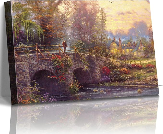 STUDIO HAVEN Thomas Kinkade Canvas Wall Art, Flower-Covered Bridge Glowing Cottages Figure and River Ducks Oil Painting Poster Rustic Wall Decor, Framed Prints for Home Decor, 16x12Inch