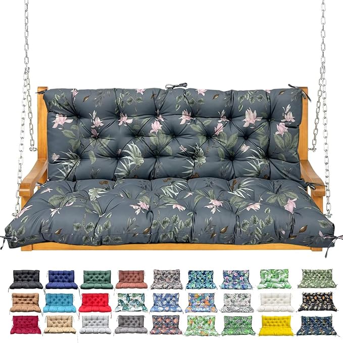 Porch Swing Cushion with Backrest,Waterproof Bench Cushion for Outdoor Furniture,2-3 Seater Replacement Thickened Swing Cushion with Ties,Patio,Outdoor,Backyard and Garden (Tropical Blossom,47x40")