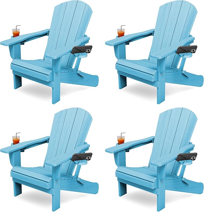 KINGYES Folding Adirondack Chair Set of 4, Dual Cup Holders & All-Weather HDPE, Wood-Like Patio Chair for Backyard, Camping, Pool & Fire Pit, Light Blue