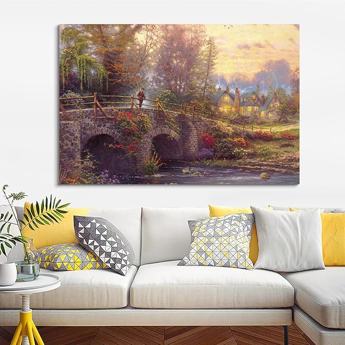 STUDIO HAVEN Thomas Kinkade Canvas Wall Art, Flower-Covered Bridge Glowing Cottages Figure and River Ducks Oil Painting Poster Rustic Wall Decor, Framed Prints for Home Decor, 16x12Inch