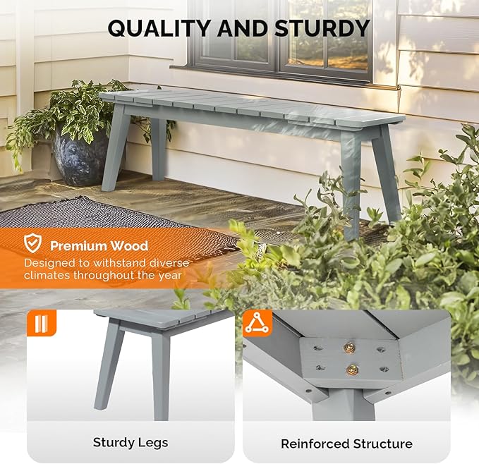 VINGLI Outdoor Wooden Bench, 45” 2-Person Backless Dining Bench, Weatherproof Outdoor Patio Bench for Porch Entryway Garden (2, Gray)