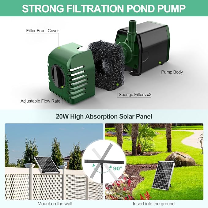 POPOSOAP Pond Filter with 20W Solar Fountain Pump, Solar Pond Filter with 280GPH Pump & Fountain Kit, Outdoor Filter Box with 6.6FT PVC Tubing, Perfect for Ponds Clean, Clear, and Add Water Features