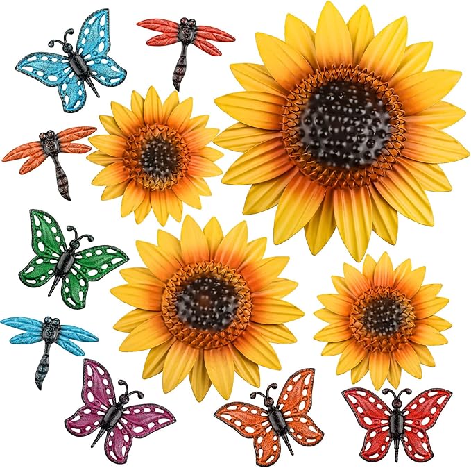 Sweetude 12 Pcs Metal Sunflower Wall Decor with Colorful Dragonfly and Butterfly Decor Flowers Wall Art Metal Yellow Summer Flowers Hanging for Garden Fence Patio Yard Outdoor Porch Home