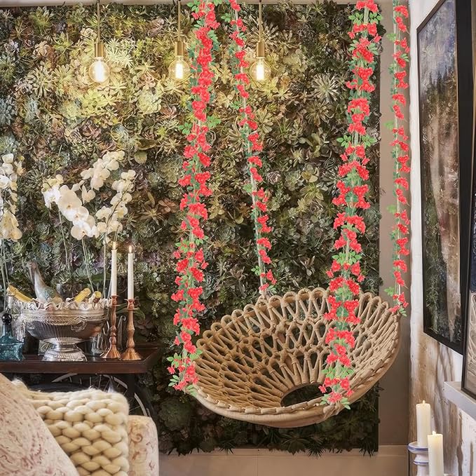 2 Pcs Artificial Flowers Garland for Outdoors Red Faux Gardenia Garland 15.5Ft Silk Rose Hanging Vines Floral for Wedding Arch Party Wall Garden Ceremony Backdrop Fence Spring Decor
