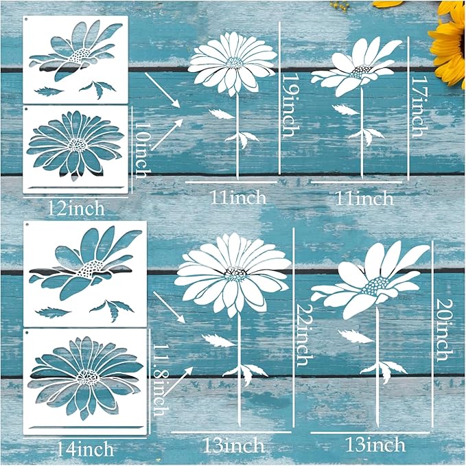 Large Flower Stencils Painting on Wood Reusable Floral Wall Stencil Templates for Painting on Wood Furniture Garden Fence Wall Mural(Sunflower)