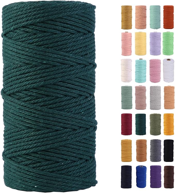 Deep Green Macrame Cord 3mm x 109Yards,Colored Cotton Rope Colorful Cotton Cord Soft Craft Cord Twine for Wall Hanging Plant Hangers Crafts Decorative Projects