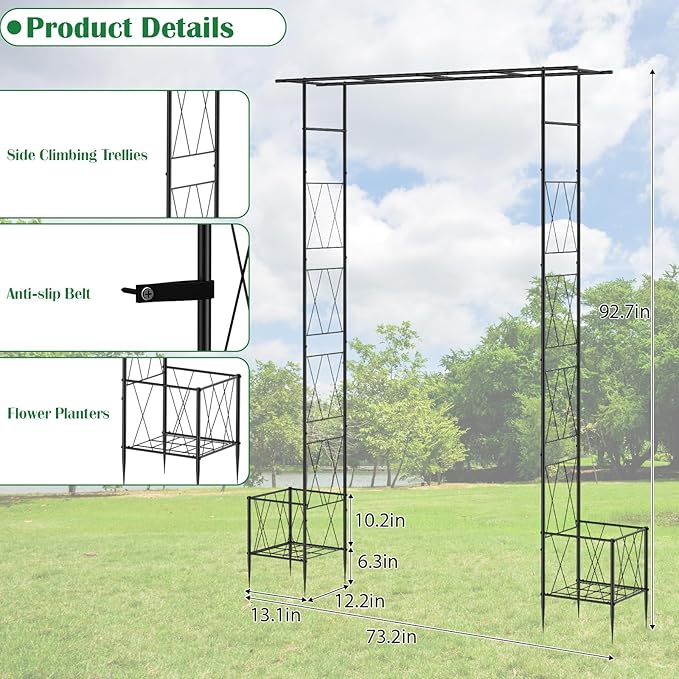 Garden Arch Trellis for Climbing Plants Outdoor 7.7 Ft Metal Garden Arbor with Planter Boxes Wedding Arches for Ceremony Christmas Decorations Pergola for Backyard, Lawn and Patio, Black