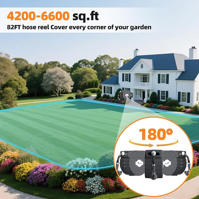 Retractable Garden Hose Reel 1/2 in x65 ft, Garden Water Hose Reel with 10- Function Sprayer Nozzle, Any Length Lock/Automatic Slow Return System,180° Swivel Bracket
