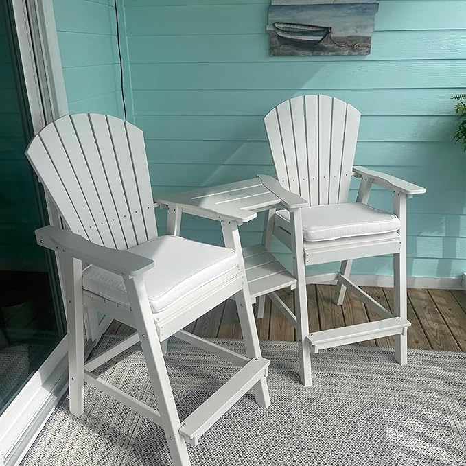 Tall Adirondack Chairs Set of 2, HDPE Balcony Chair with Double Connecting Tray, Weather Resistant Outdoor Adirondack Bar Stools for Patio, Deck, Patio, Backyard, Balcony.(White)