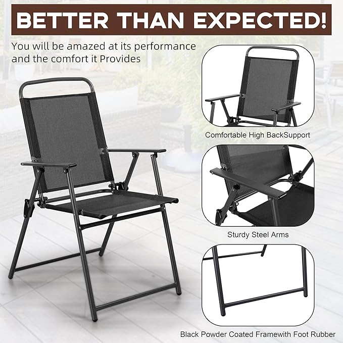 Vongrasig 6 Pieces Folding Patio Dining Set, All Weather Small Metal Outdoor Table and Chairs Set, Patio Furniture Set w/Umbrella, Glass Table & 4 Folding Chairs for Garden, Lawn, Backyard, Black