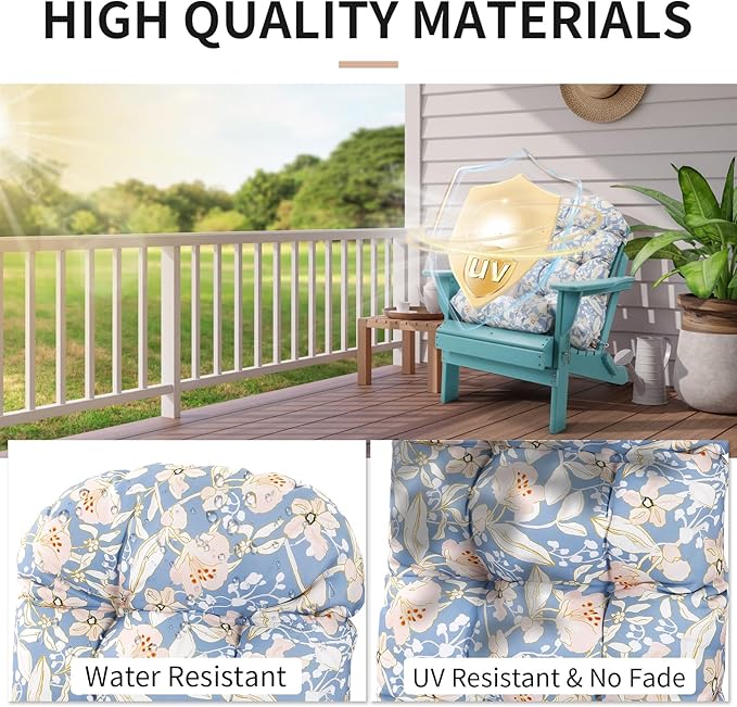 Adirondack Chair Cushions Set of 2, High Back Patio Chair Cushions 48 x 19.7 x 4.7 Inch, Indoor/Outdoor Thickened Rocking Chair Cushion, Fade-Resistant & Waterproof (Flower Blue)