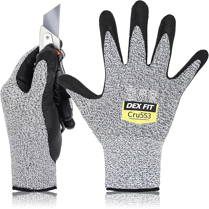 DEX FIT Level 5 Cut Resistant Gloves Cru553, 3D-Comfort Fit, Firm Grip, Thin & Lightweight, Touch-Screen Compatible, Durable, Breathable & Cool, Machine Washable; Grey XL (10) 1 Pair