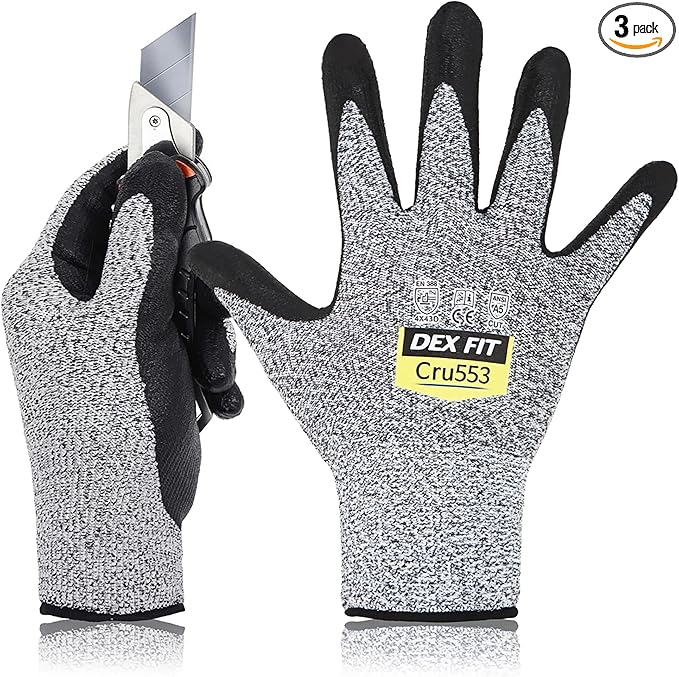 DEX FIT Level 5 Cut Resistant Gloves Cru553, 3D-Comfort Fit, Firm Grip, Thin & Lightweight, Touch-Screen Compatible, Durable, Breathable & Cool, Machine Washable; Grey XL (10) 3 Pairs