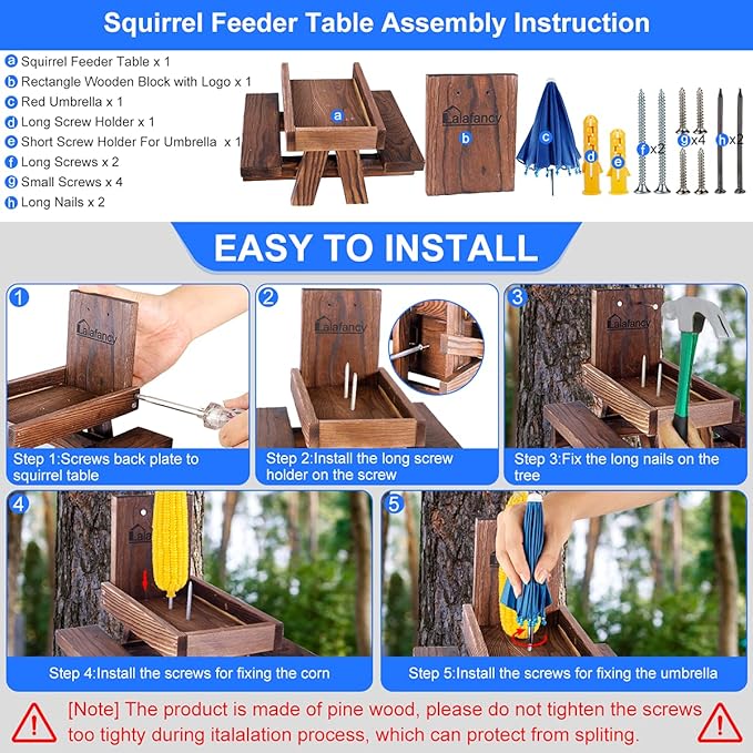 Squirrel Feeder Picnic Table with Umbrella, Lalafancy Carbonized Wood Squirrel Feeder for Outside Funny Chipmunk Feeder with Corn Cob Holder Structure Solid for Squirrel Gift