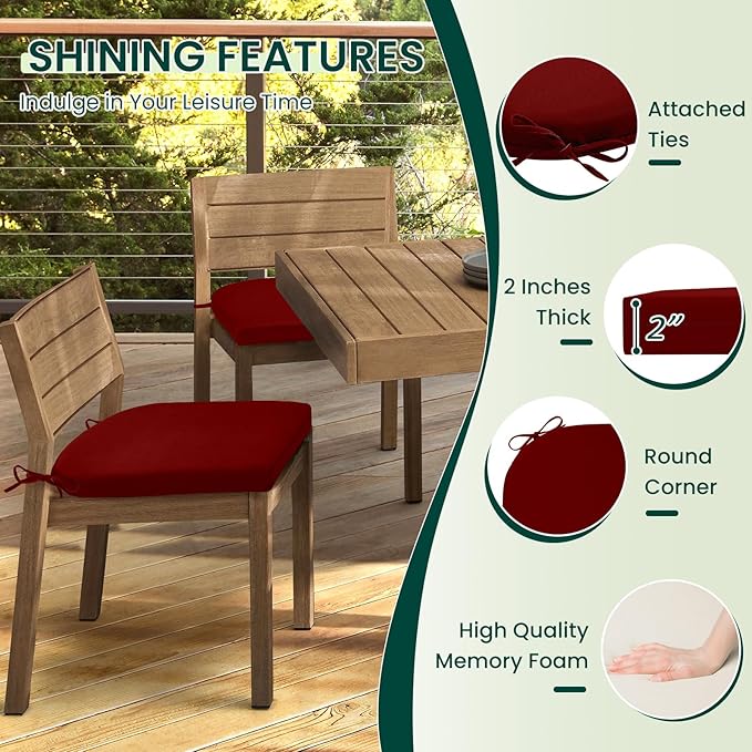 HARBOREST Outdoor Chair Cushions Set of 4, Water Resistant Patio Chair Cushions with Ties, Outdoor Seat Cushions for Patio Furniture, 17"x16"x2", Burgundy